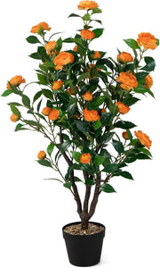 Albero Artificiale con 37 Camelie da 102 cm, Pianta Floreale Artificiale in Vaso di Cemento, Decorazione Interna ed Esterna, Pianta Falsa per Ufficio, Casa, Veranda