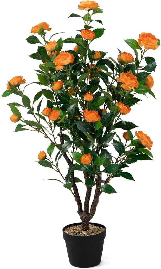 Albero Artificiale con 37 Camelie da 102 cm, Pianta Floreale Artificiale in Vaso di Cemento, Decorazione Interna ed Esterna, Pianta Falsa per Ufficio, Casa, Veranda