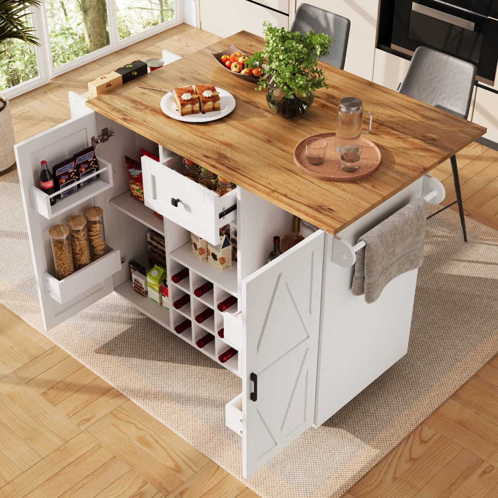Isola cucina multifunzione bianca con piano ribaltabile, cassetto, vani laterali e armadio a 2 ante