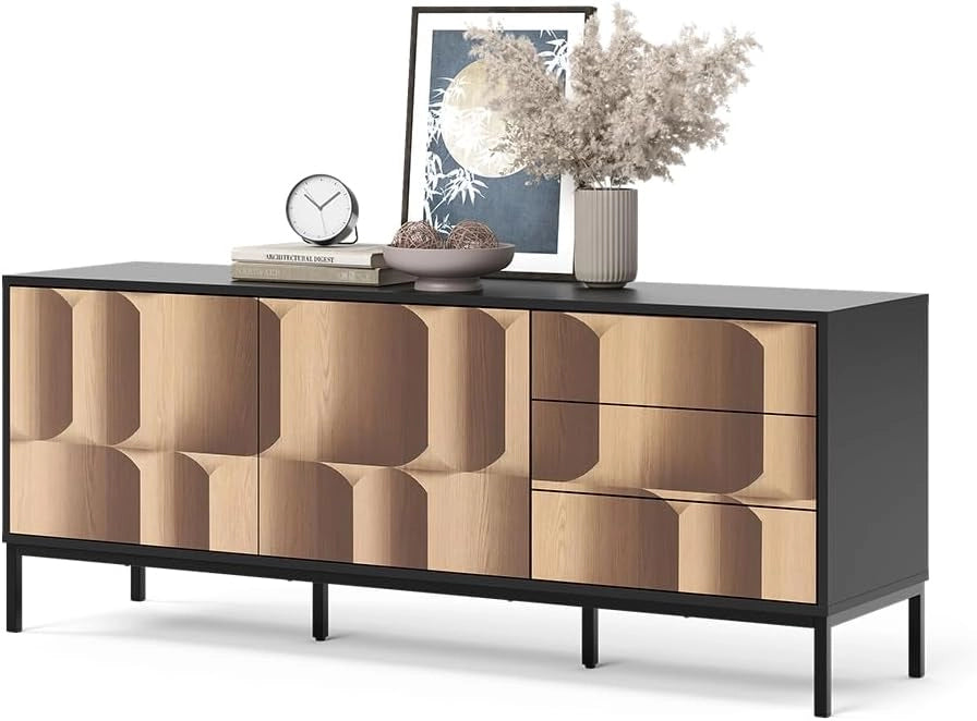 Lowboard Eliza, Nero/quercia, 150 x 60 cm con 3 cassetti, utilizzabile come supporto TV e per la conservazione