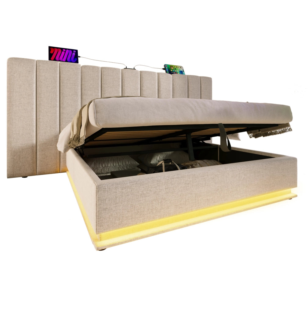 Letto imbottito contenitore 160x200 cm con LED; USB e Type-C; lino beige