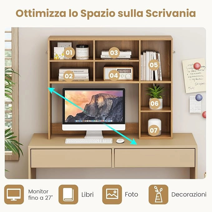 Libreria da Scrivania, Scaffale per Scrivania con 3 Ripiani Regolabili e Scomparto Aperto per Monitor 27", Organizzatore di Spazio per Casa Ufficio Dormitorio, 94x25x79 cm (Naturale)