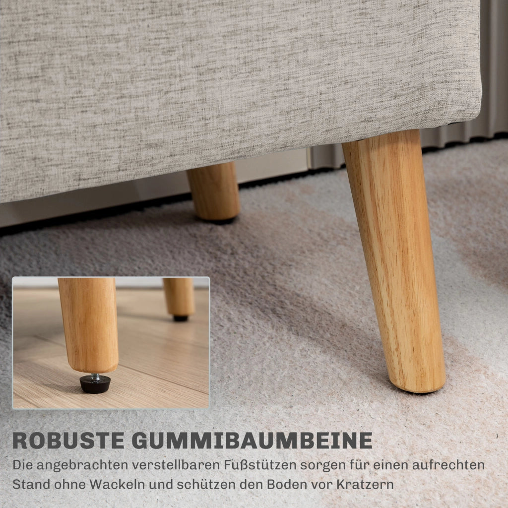 Panca contenitore imbottita scandinava con seduta ribaltabile e vano portaoggetti, in tessuto effetto lino beige