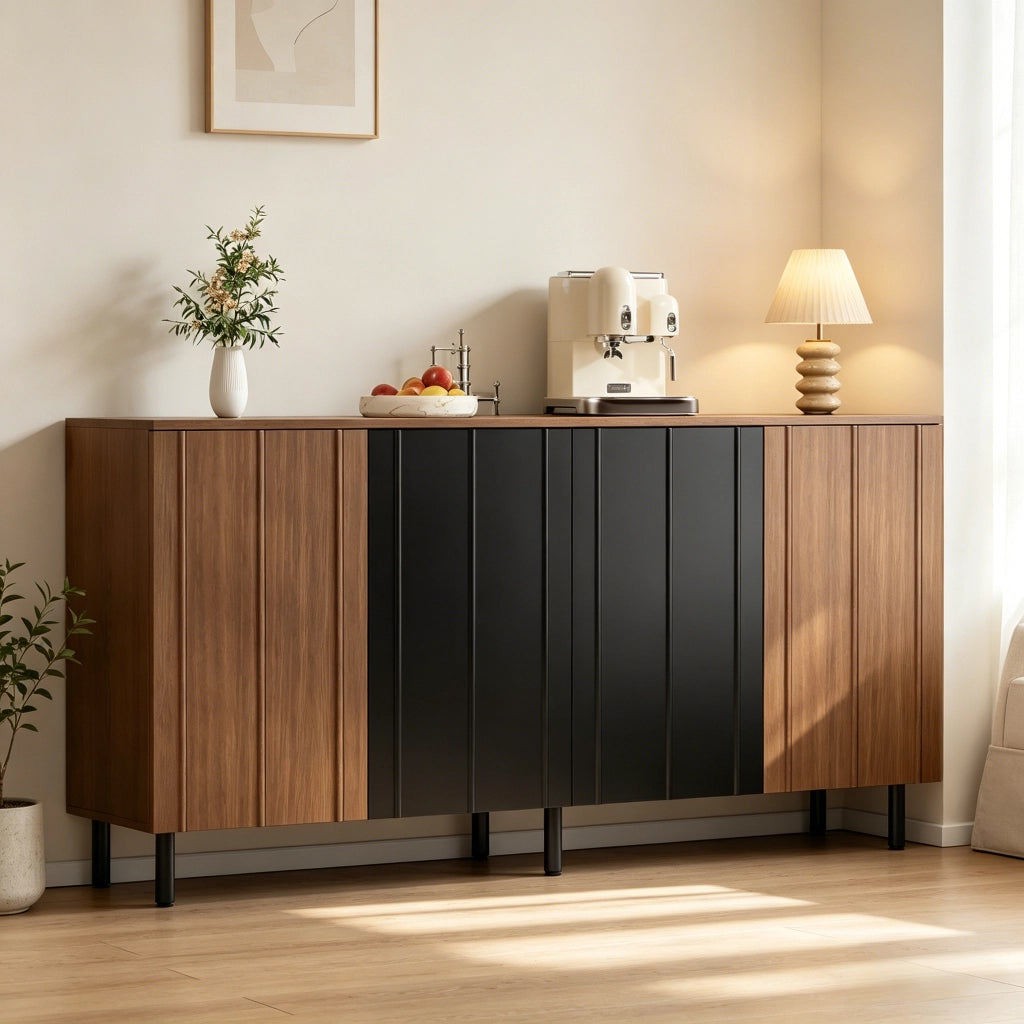 Credenza e madia con 4 ante e ripiani regolabili, per sala da pranzo e cucina, in pannello truciolare, noce e nero