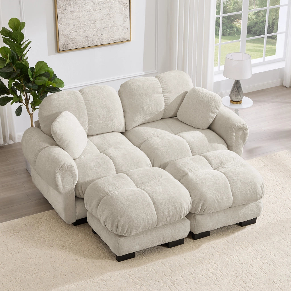 Divano modulare in ciniglia con cuscini trapuntati e cuscino mobile; 190×149×90 cm; khaki chiaro