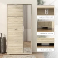 Scarpiera con Specchio per 16 Paia di Scarpe, 4 Cassetti a Ribalta e 2 Armadietti, 82x30x168cm, Rovere