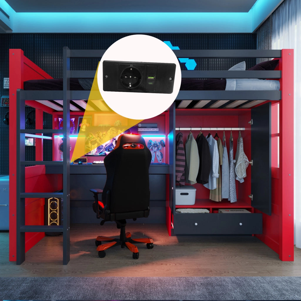 Letto a soppalco singolo 90×200 cm con scala; LED; prese; armadio e cassetti; senza materasso; legno; nero e rosso