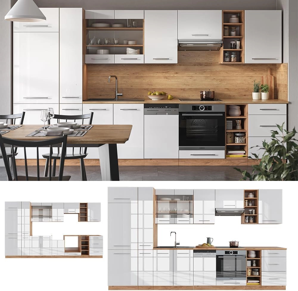 Cucina componibile Fame-Line, Bianco lucido/oro power oak, 355 cm senza piano di lavoro, adatto per l'espansione personalizzata con moduli aggiuntivi