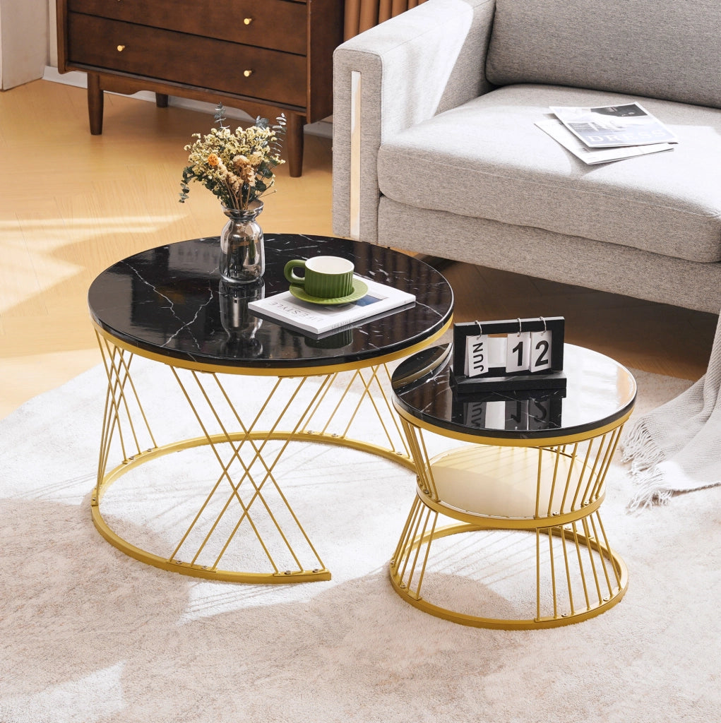 Set di 2 tavolini da salotto rotondi nesting 70/45 cm in MDF nero; effetto marmo