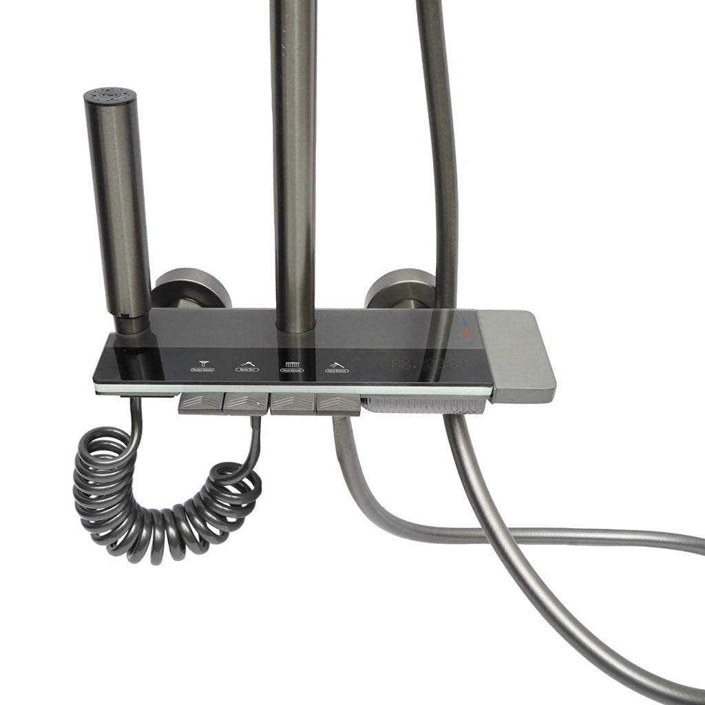 Set doccia multifunzionale con termostato, display digitale della temperatura dell’acqua, 4 funzioni di erogazione dell’acqua, bocca per vasca, soffione rettangolare, doccetta a mano, doccia bidet, colore grigio.