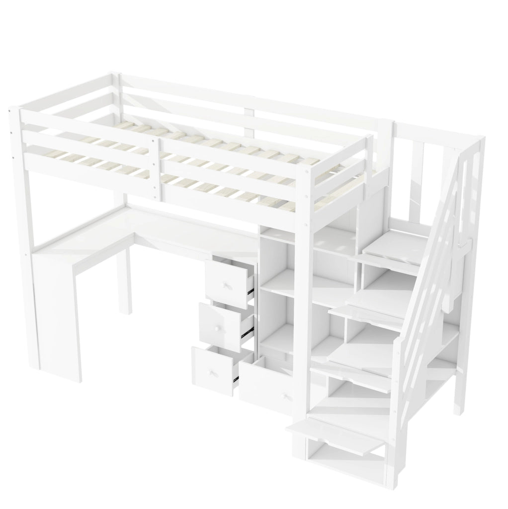 Letto a soppalco ULEVR 90x200 cm con scrivania, cassetti, ripiani e scaletta contenitore, bianco