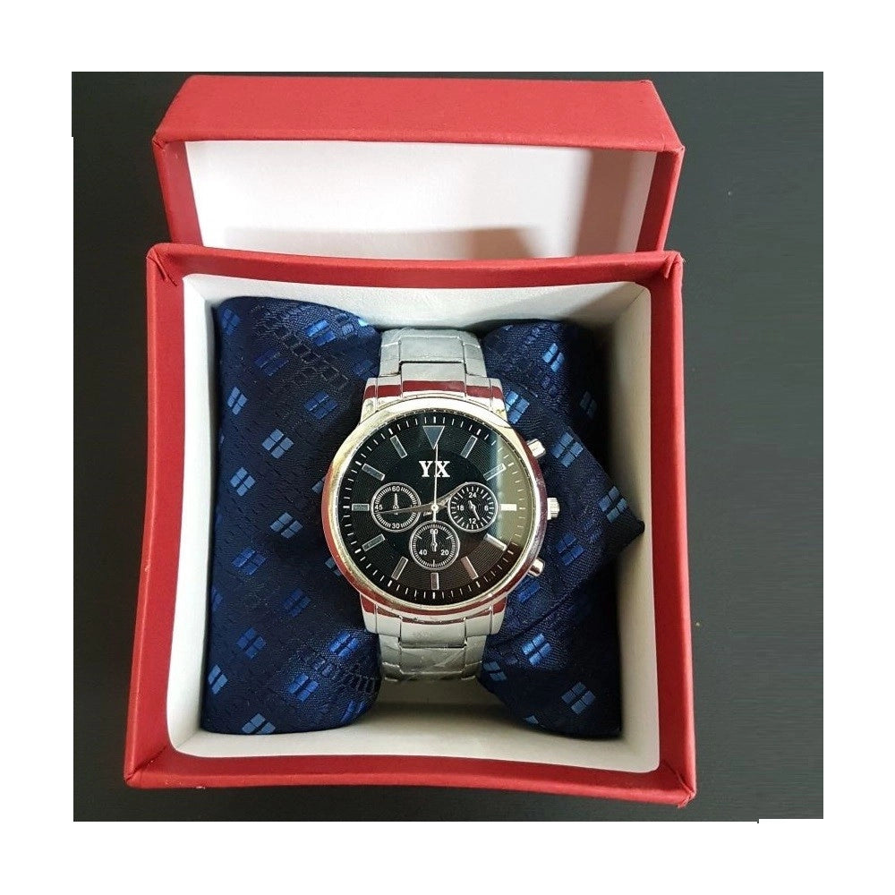 Trade Shop - Set Regalo Per Uomo Orologio Quarzo Acciaio + Cravatta In Cofanetto Elegante -