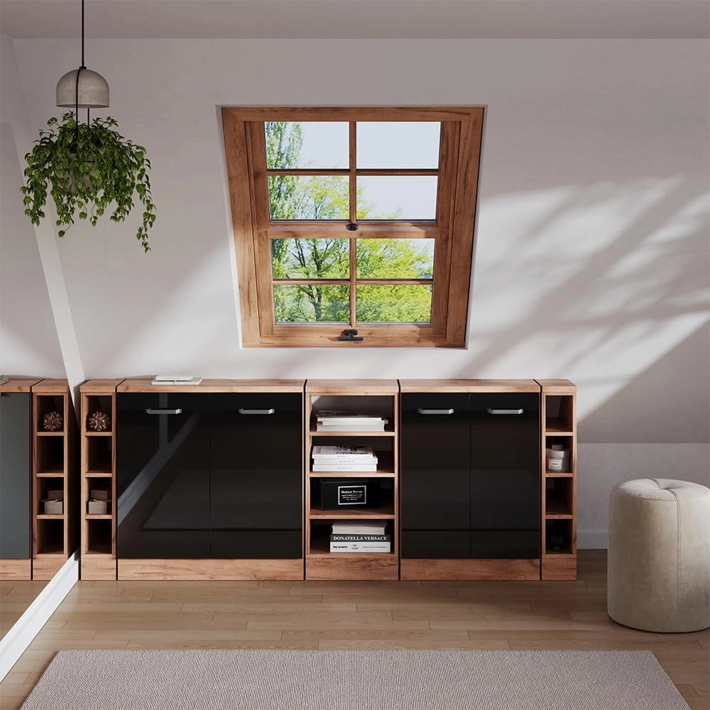 Set di mobili sottotetto Rion, Nero lucido, 210 cm Set di 5 carcasse armadio profondità 60 cm, adatto per il salvaspazio sotto tetti spioventi