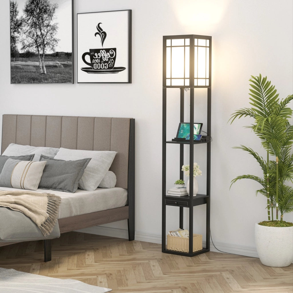 Lampada a stelo con ripiani e cassetto, Lampada a piantana moderna con 2 porte USB Nera