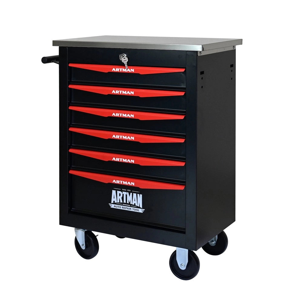 Carrello Portautensili con 6 Cassetti e Ruote ¨C MINIMAL ¨C Metallo, Piano in Acciaio, Nero e Rosso