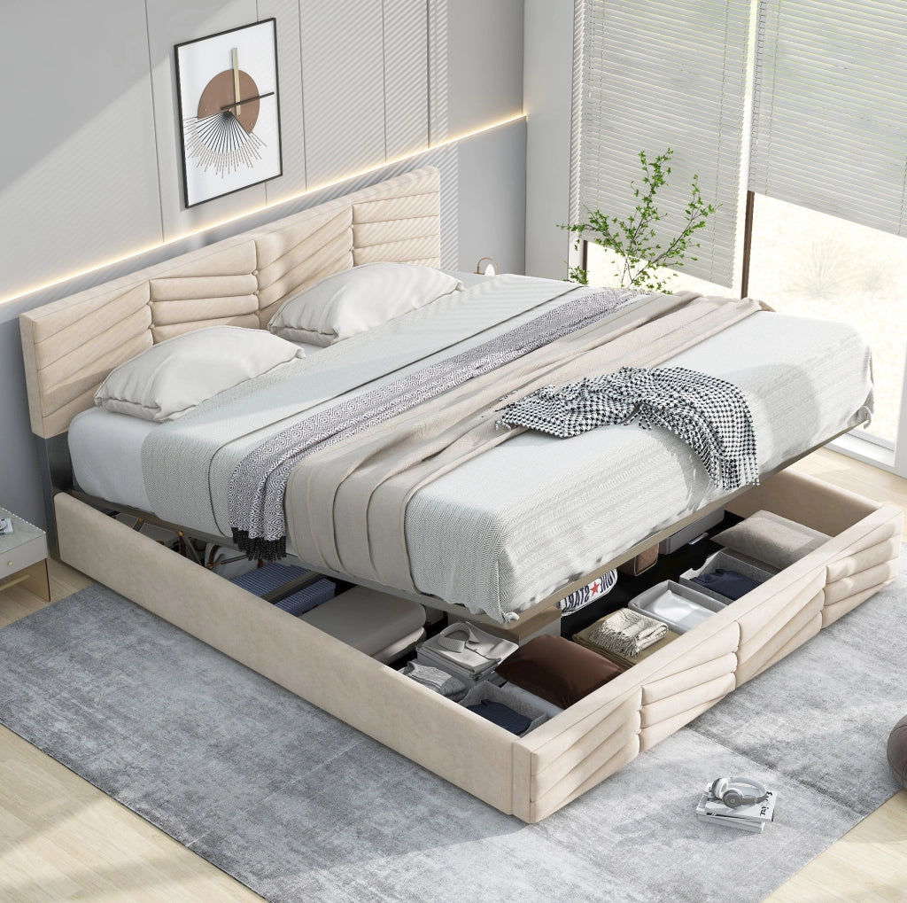 Letto imbottito 140x200 cm in velluto beige con rete a doghe