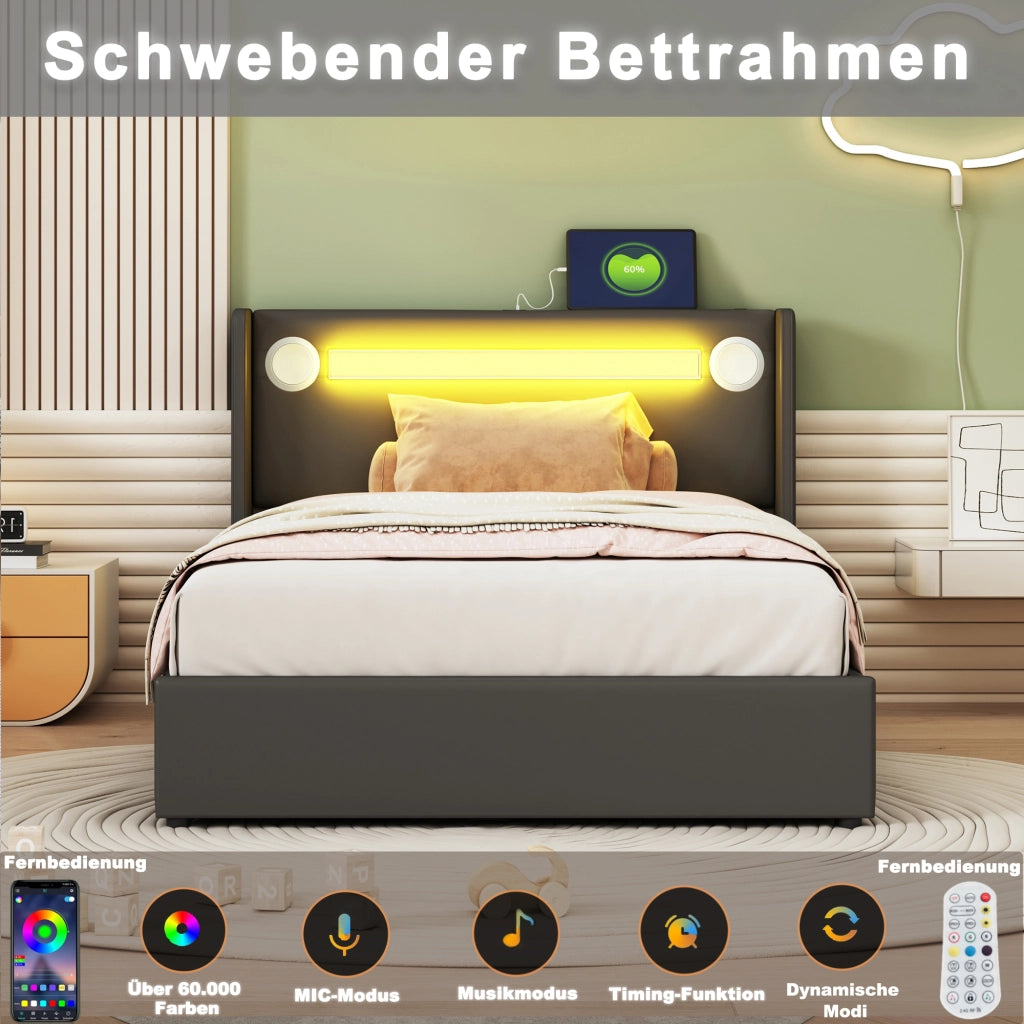 Letto imbottito nero con funzione LED bluetooth e ricarica USB in PU pelle 90x200 cm