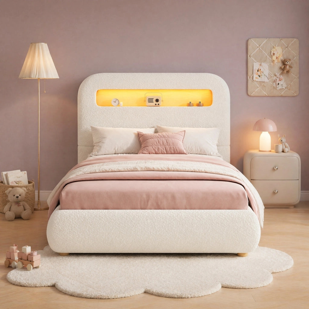 Letto singolo imbottito 90x200 cm con contenitore idraulico, LED e rete a doghe, bianco bouclé