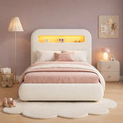 Letto singolo imbottito 90x200 cm con contenitore idraulico, LED e rete a doghe, bianco bouclé
