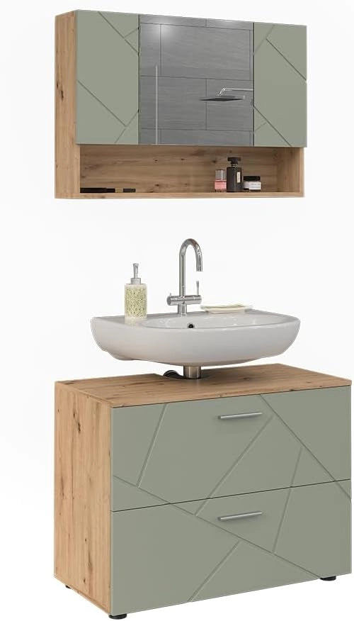 Set di mobili da bagno Irma, Verde salvia, 80 cm, composto da specchio da bagno e mobile sottolavabo