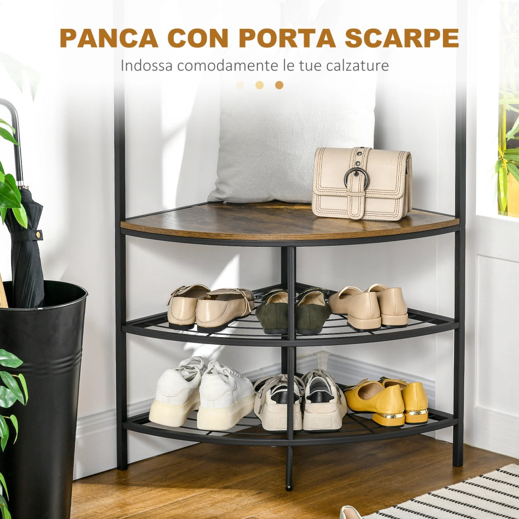 Appendiabiti da Terra Angolare con Panca e Scarpiera in Stile Industriale, 50x50x183cm, Marrone