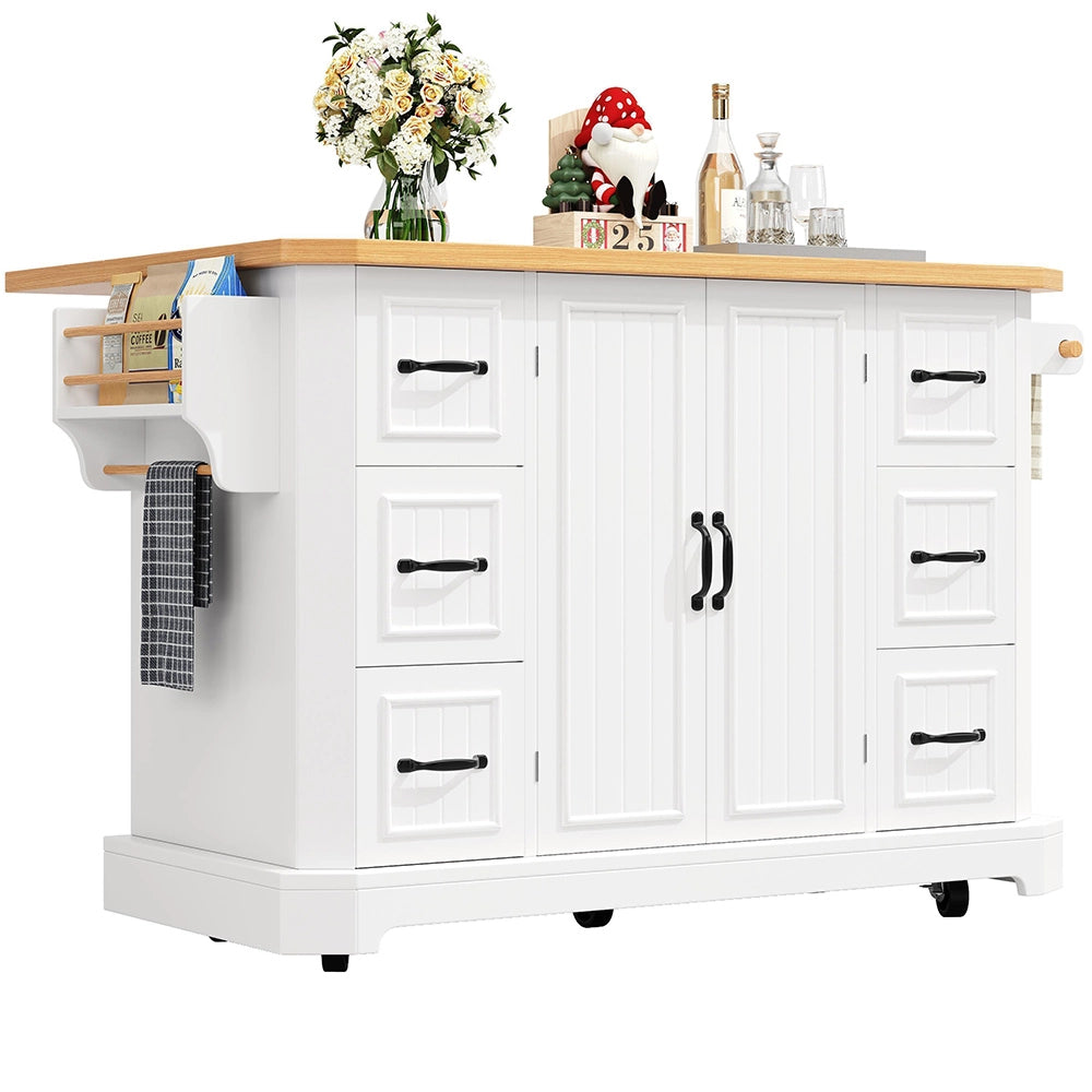 Isola da cucina mobile - Xylo - 120x45(75)x91 cm - bianco/nero - 2 ante e 6 cassetti