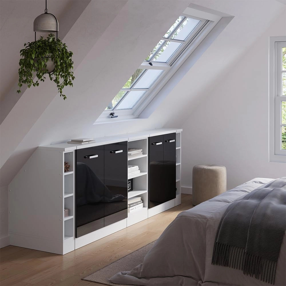 Set di mobili sottotetto Rion, Nero lucido, 210 cm Set di 5 carcasse armadio profondità 60 cm, adatto per il salvaspazio sotto tetti spioventi
