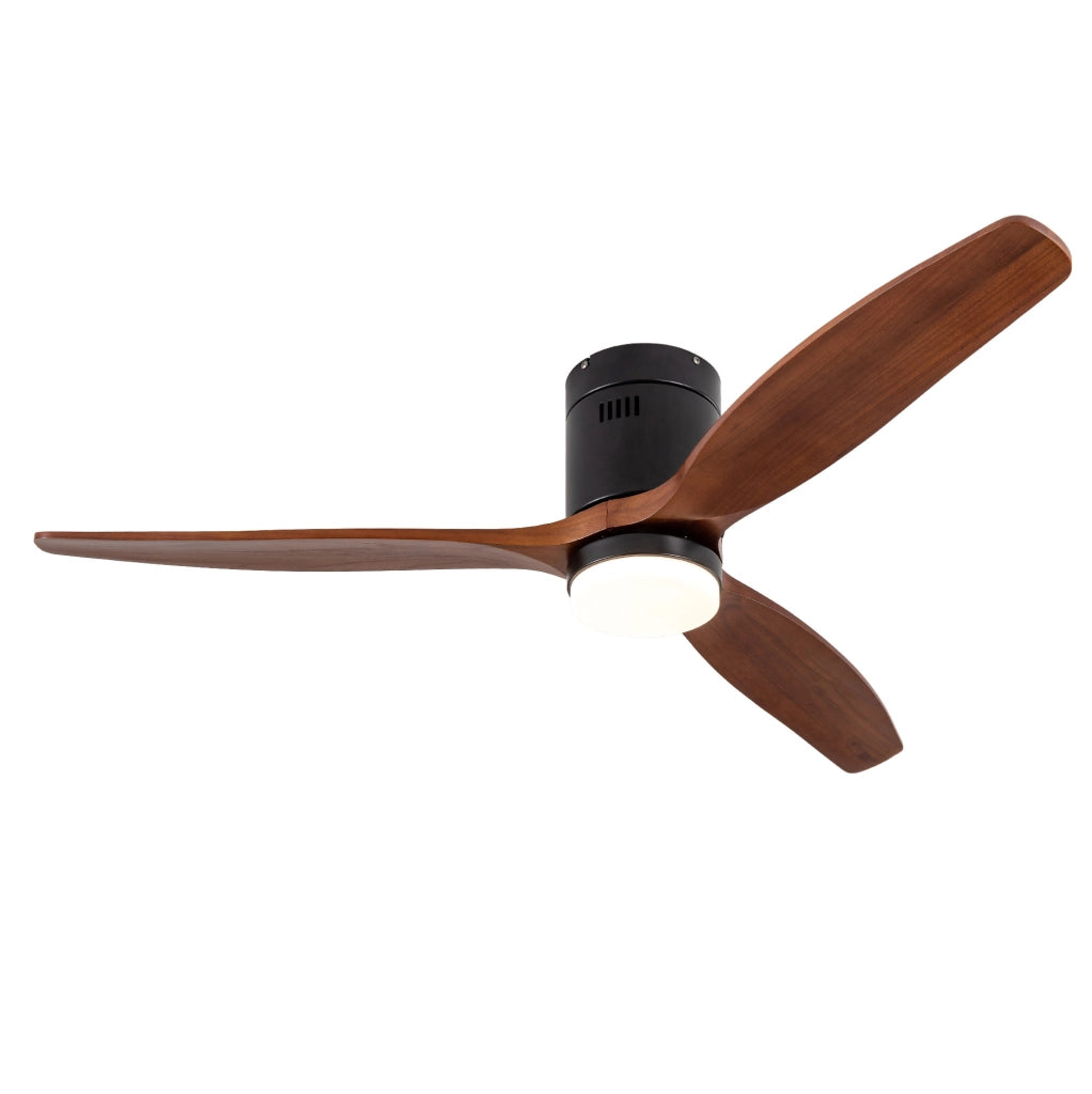Ventilatore da soffitto 52" a 3 pale in legno massello con LED dimmerabile; nero e noce scuro