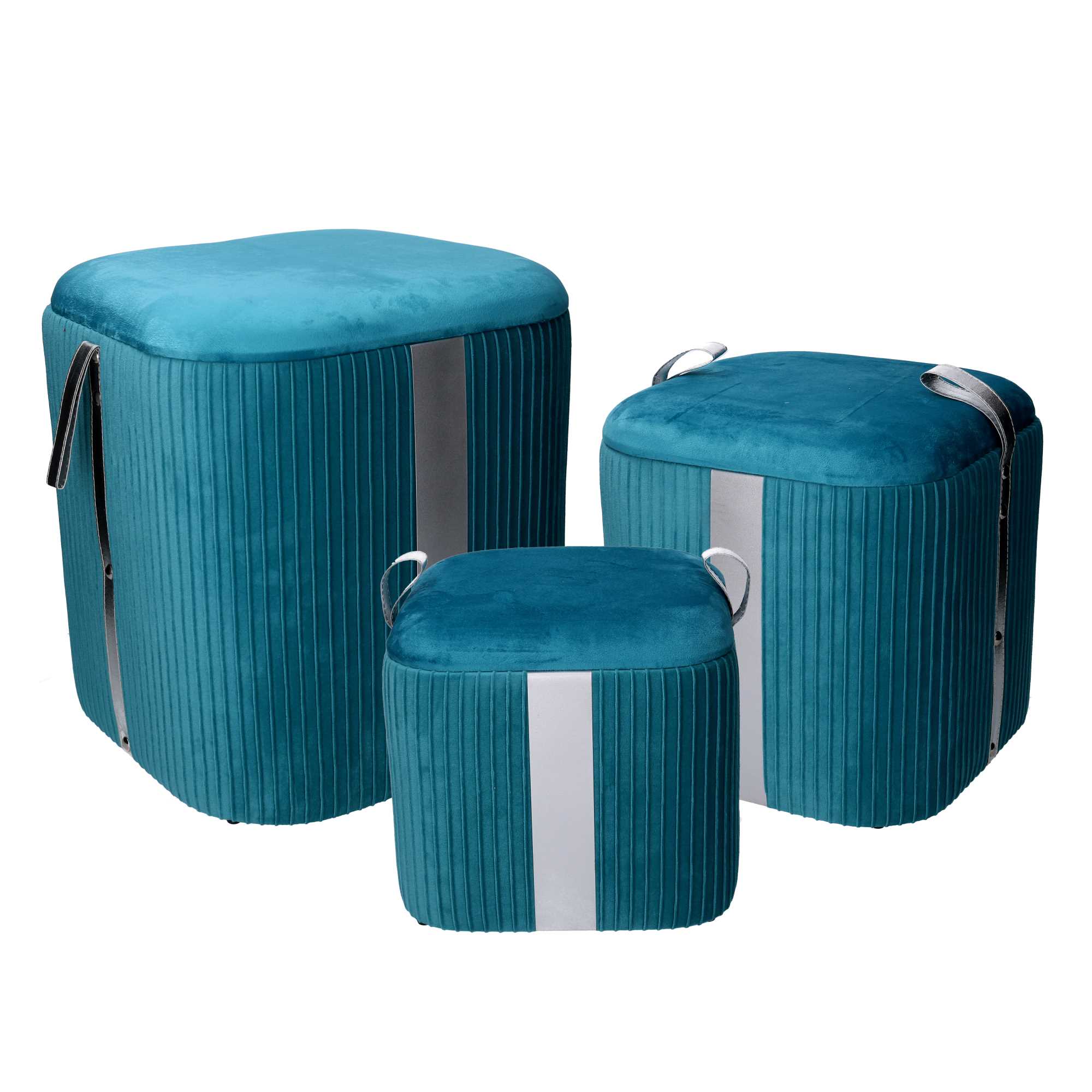 Set  3 Pouf Contenitore in Tessuto Velluto Turchese