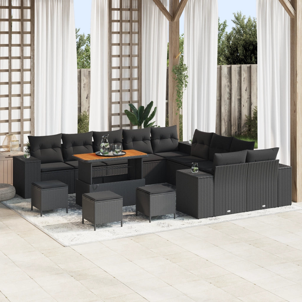 Set di divani da giardino in 14 pezzi con cuscini neri in polirattan e acacia
