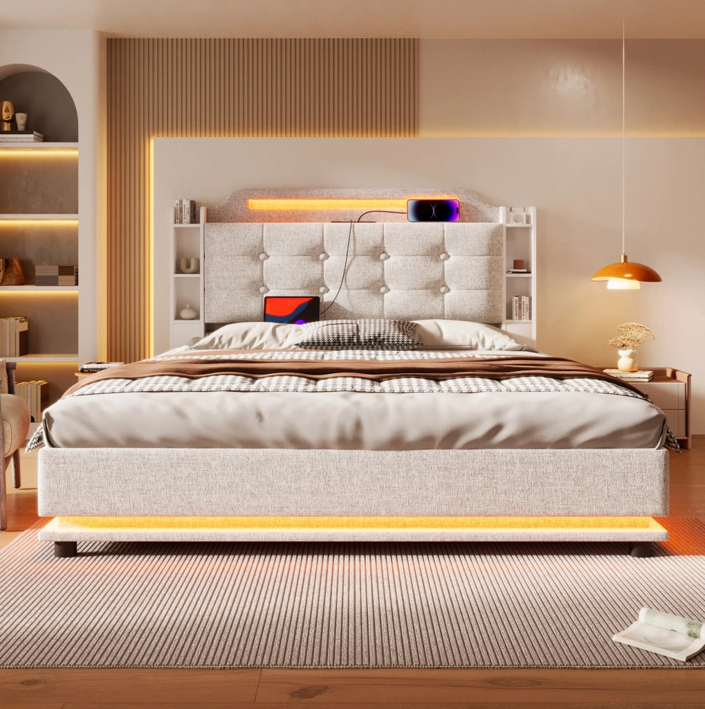 Letto imbottito 140x200 cm con contenitore; LED e ricarica USB Type-C in lino beige