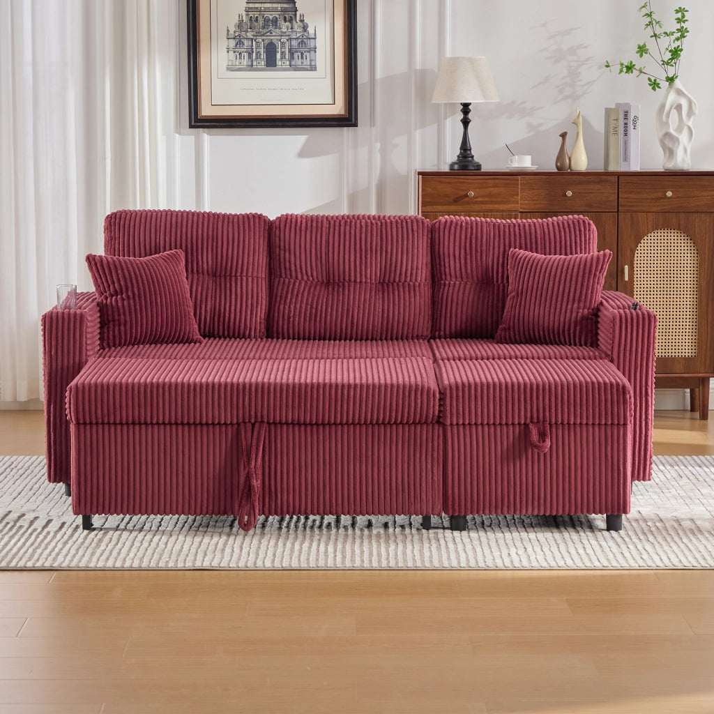 Divano letto modulare in velluto a coste con vano contenitore, USB-C, LED e portabicchieri vino rosso