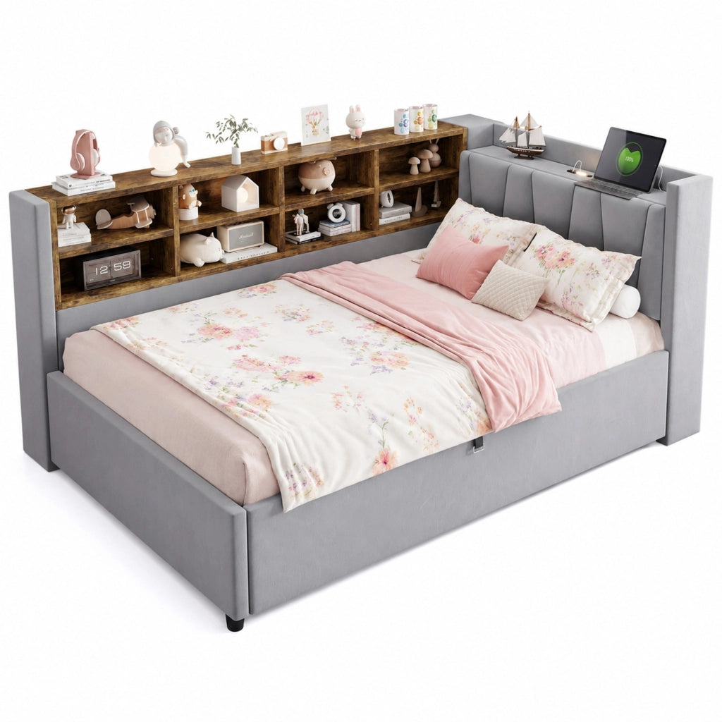 Letto imbottito 90x200 cm con contenitore idraulico; luce notturna; USB e Type-C; grigio