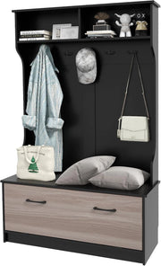 Appendiabiti con Panca da Scarpe, Armadio con Panca Portaoggetti e 5 Ganci e Scomparti, Mobile d'Ingresso Moderno per Corridoio, Camera da Letto, 100x40x160 cm (Nero)