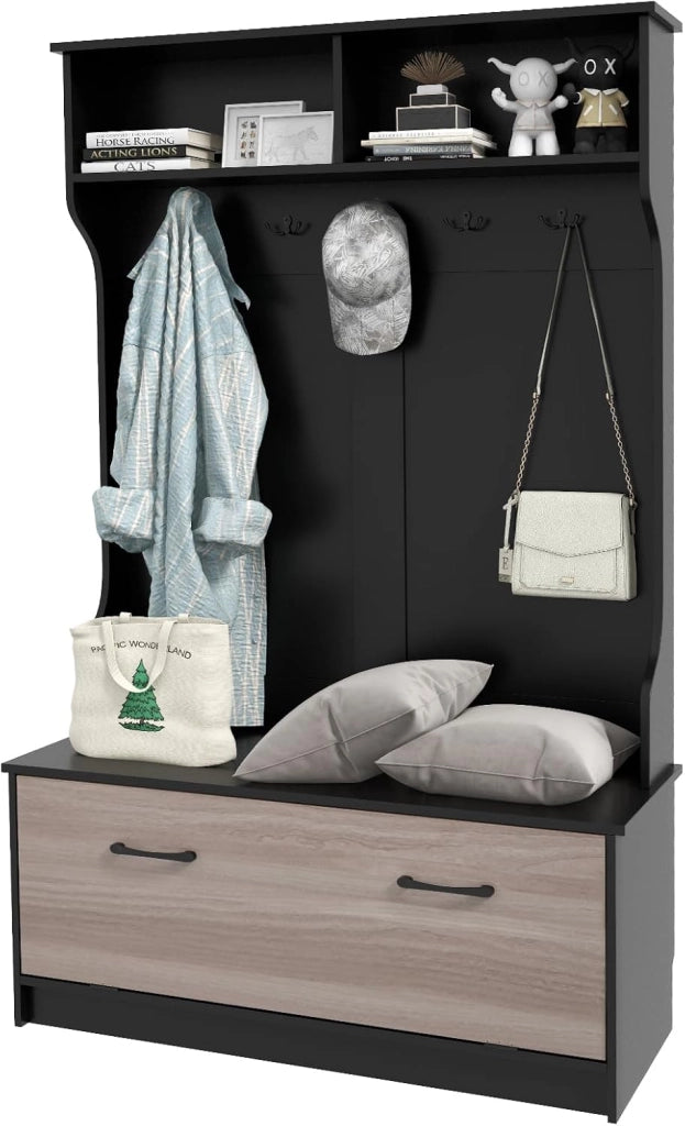 Appendiabiti con Panca da Scarpe, Armadio con Panca Portaoggetti e 5 Ganci e Scomparti, Mobile d'Ingresso Moderno per Corridoio, Camera da Letto, 100x40x160 cm (Nero)