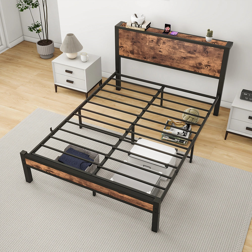 Letto metallo-Xylo-90x200 cm-testiera, contenitore, base piattaforma, marrone