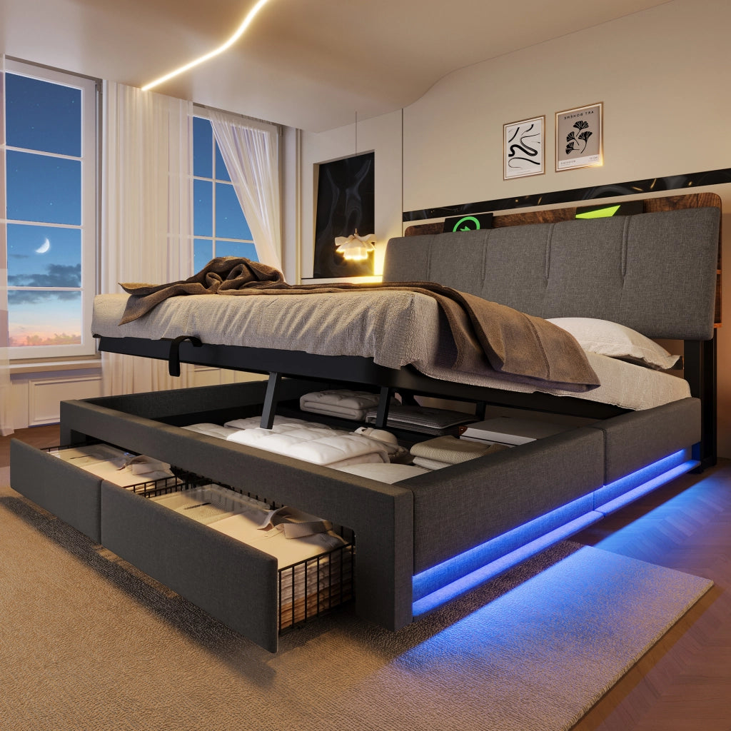 Letto imbottito idraulico con USB LED 140x200 cm colore grigio lino