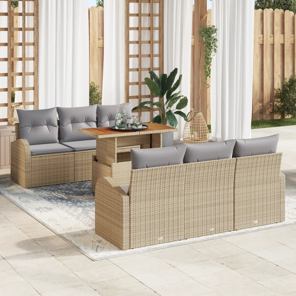 Set Divani Giardino a 7 Pezzi con Cuscini Beige in Rattan Polietilene