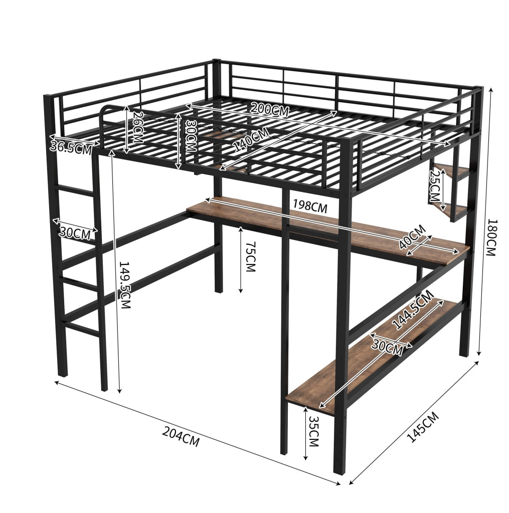Letto a soppalco 140x200 cm con scrivania; libreria e scaffali; metallo nero