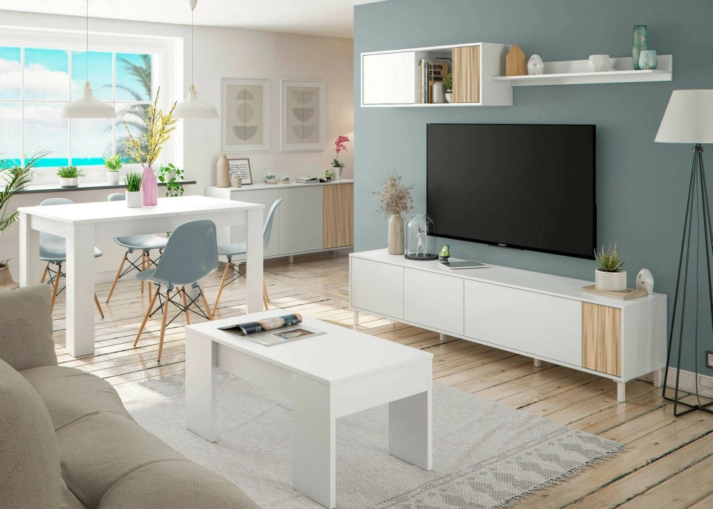 Mobile porta TV Banari, Armadietto soggiorno con ante, Armadio pensile con mensola, Credenza multiuso, 200x40h47 cm, Bianco e Rovere
