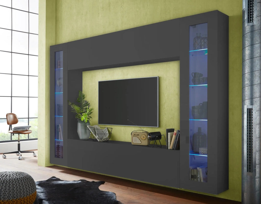Parete attrezzata porta TV moderno pensile sospeso 2 vetrine Note Frame antracite