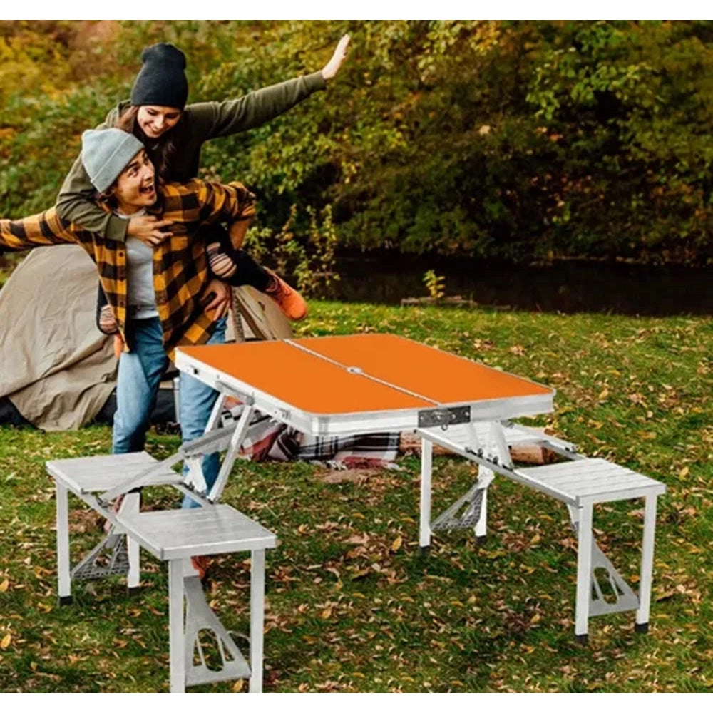 Trade Shop - Set Tavolo Pieghevole In Alluminio Pic Nic Campeggio Portatile Valigia Con Panca A 4 Posti - Arancione