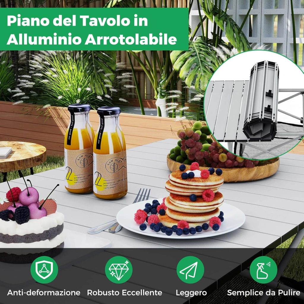 Tavolo da Campeggio Pieghevole in Alluminio, Portatile con Cestello in Rete e Borsa, Portata 100kg per Giardino Spiaggia Pesca (Argenteo)