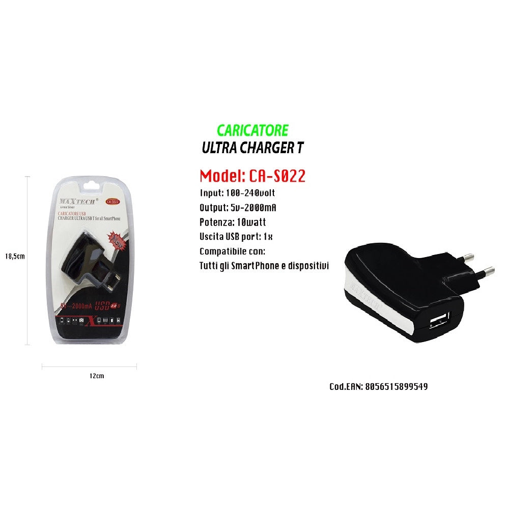 Trade Shop - Caricatore Usb A Presa Spina Ricarica Smartphone Dispositivi 5v-2000ma Maxtech Ca-s022 -