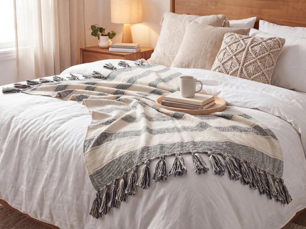 Coperta Beige Cotone 130 x 170 cm Accessorio a righe con frange decorative Fatto a mano