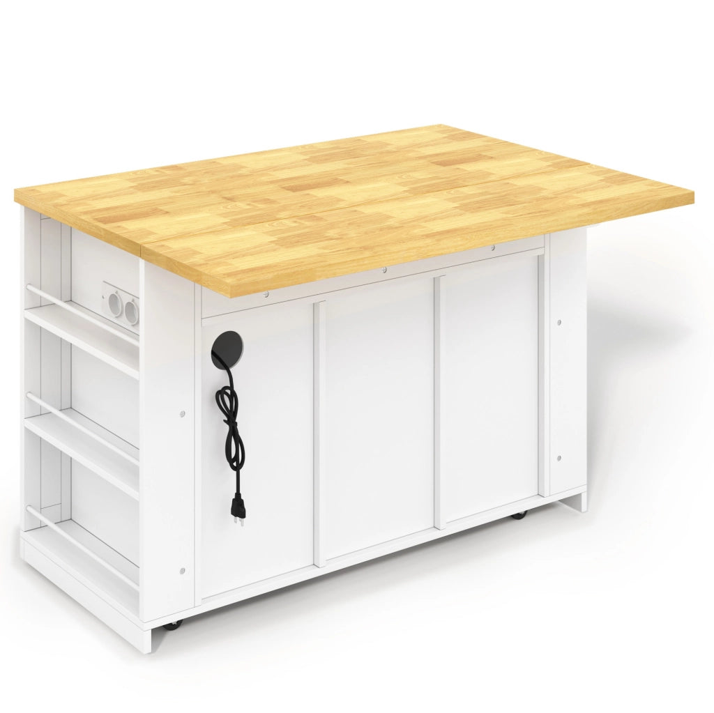 Isola cucina mobile in MDF con piano pieghevole, prese USB, cassetti e ripiani