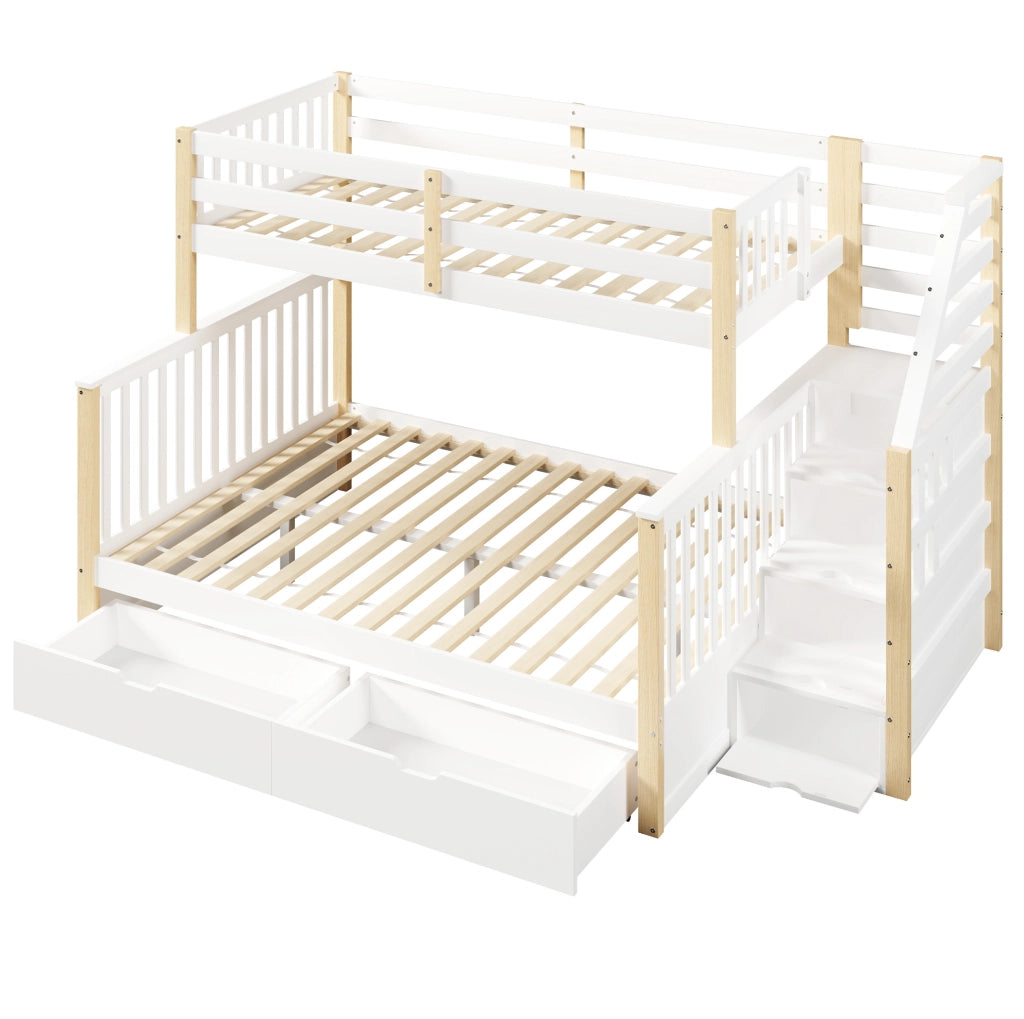 Letto a castello per bambini 90x200 e 140x200 cm in pino; bianco e naturale; con cassetti
