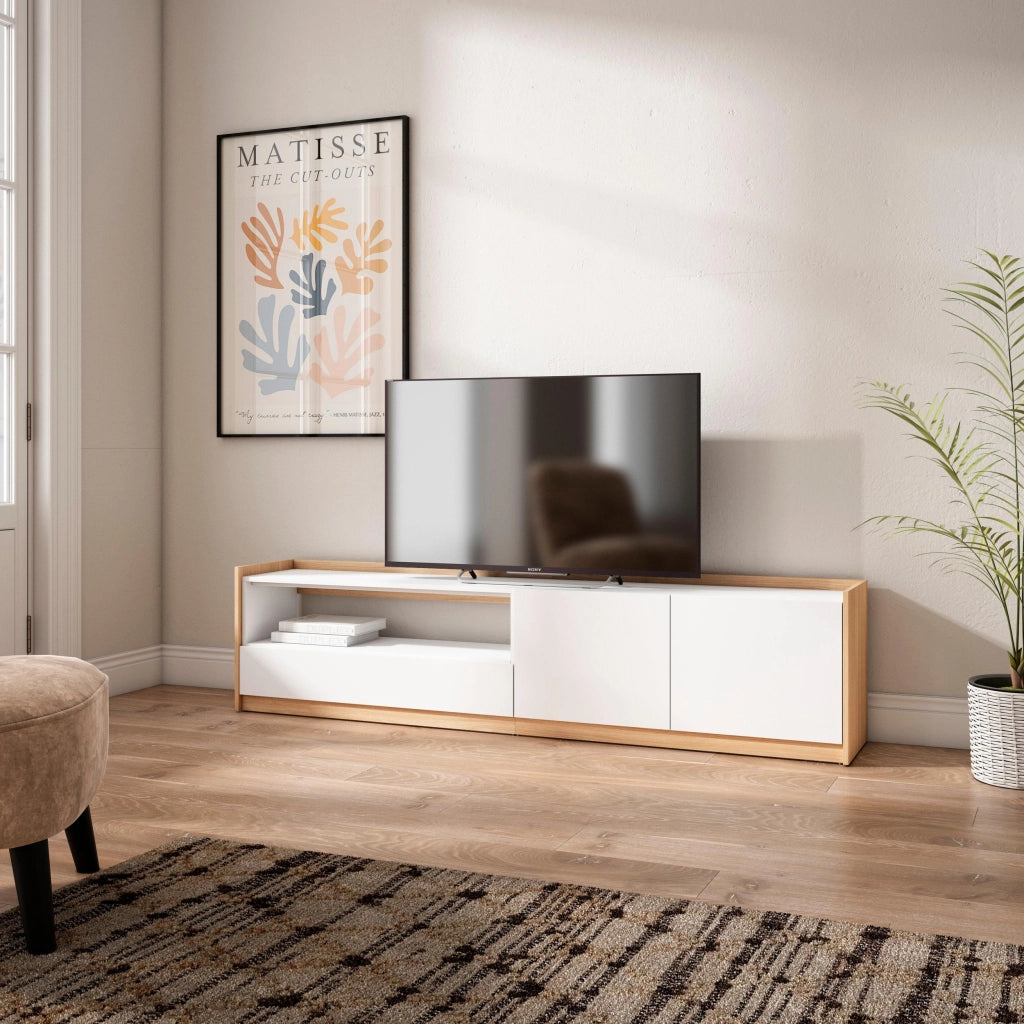 Mobile TV Soggiorno, 207x50x37 cm, Per TV fino a 80", Mobile Soggiorno, Bianco e Rovere soft