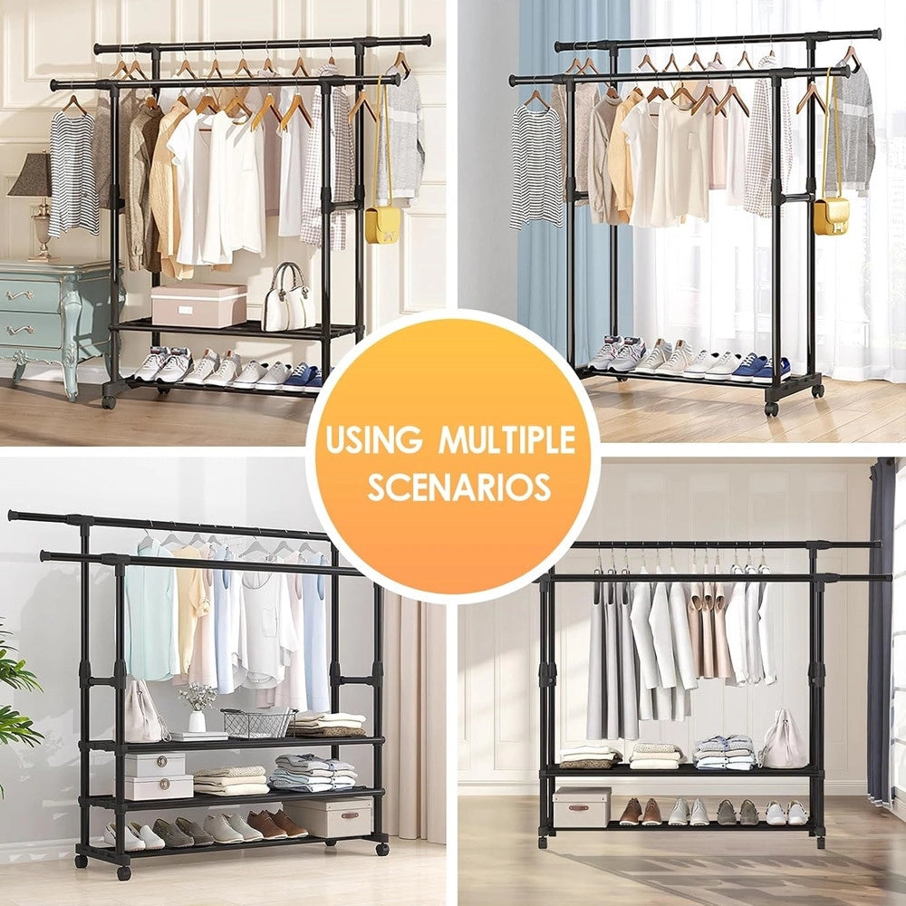 Trade Shop - Appendiabiti Da Terra Stand Con Ruote 3 Scomparti Portaoggetti Doppio Bastone A Scomparsa -