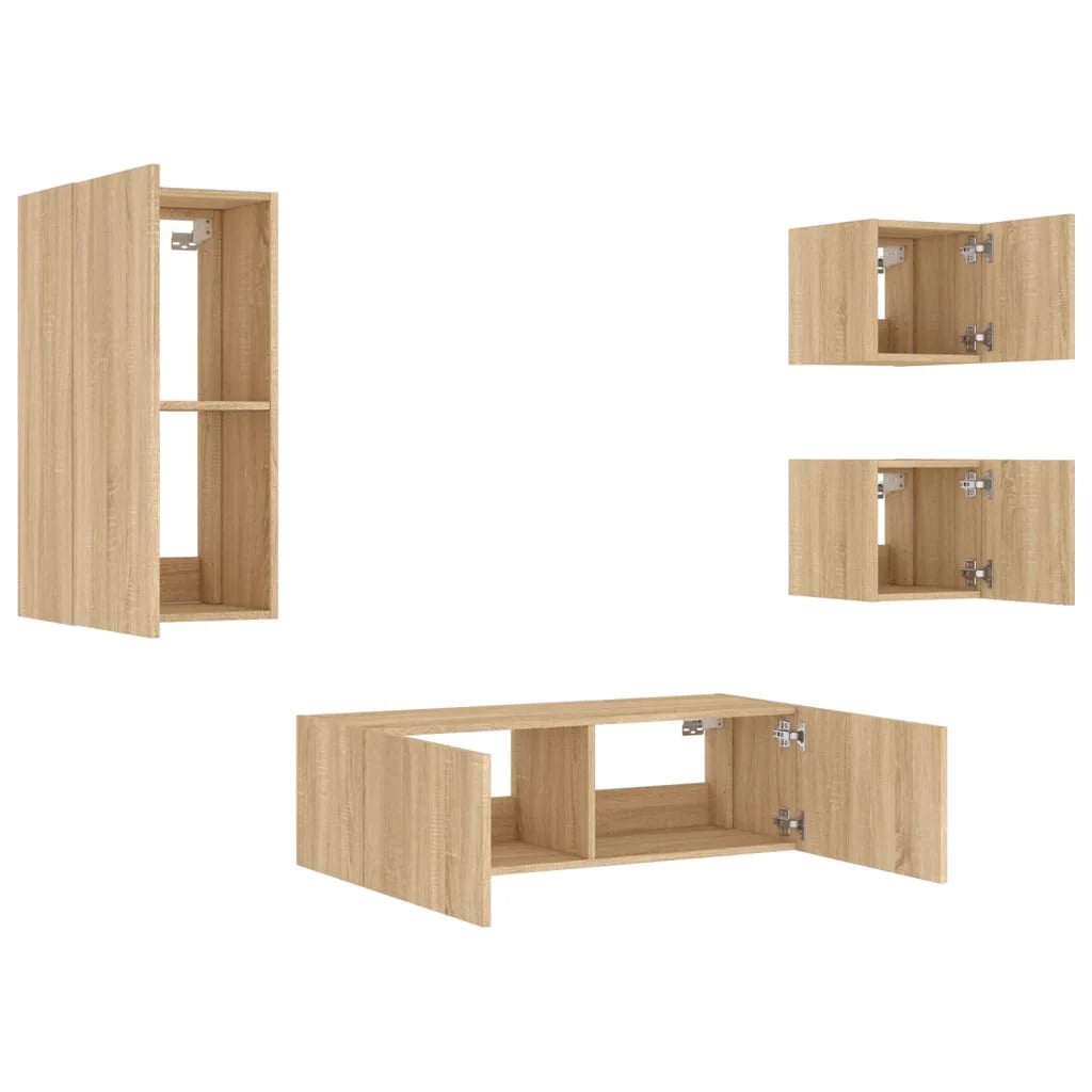 Mobile TV multimediale mensola TV credenza mobile TV parete attrezzata per sala da pranzo soggiorno camera da letto x 4 pezzi con luci LED rovere marrone Sonoma 02_0028222